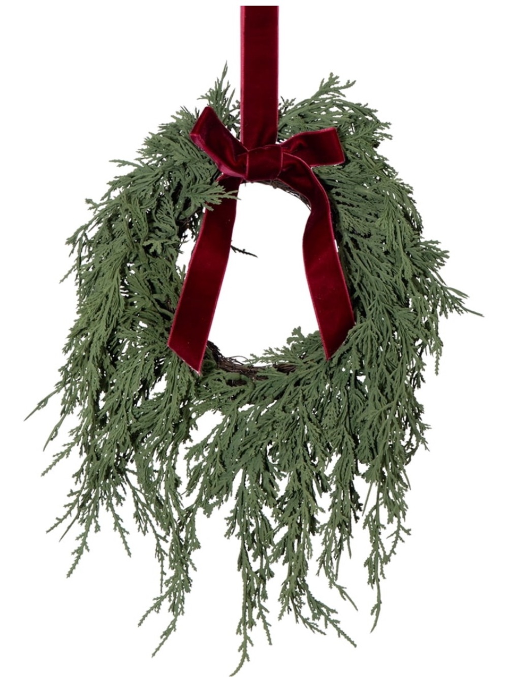 My Texas House Evergreen Christmas Wreath with Velvet Ribbon, Green & Red, 12”